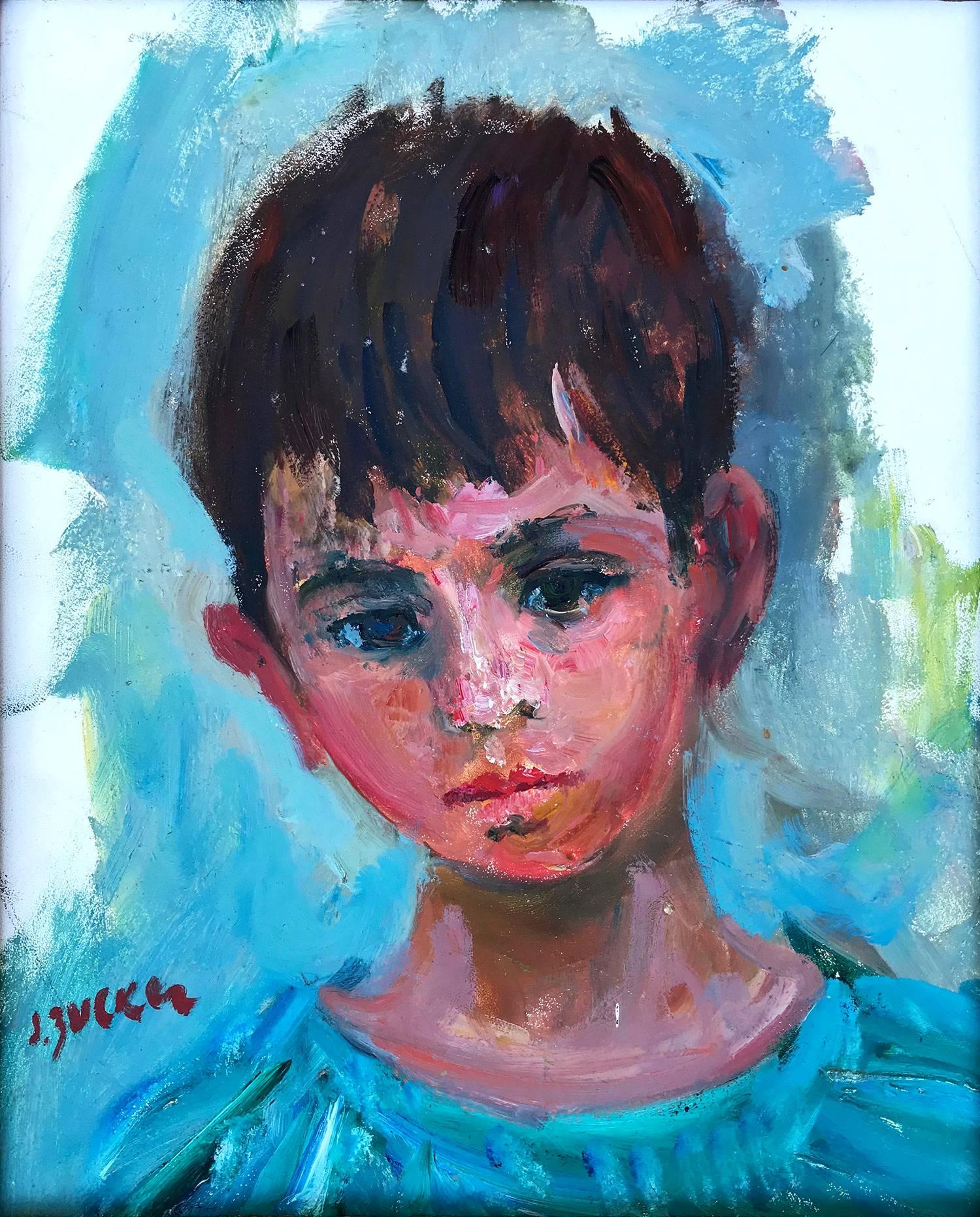 Portrait of a Young Boy in Blue - Painting by Jacques Zucker