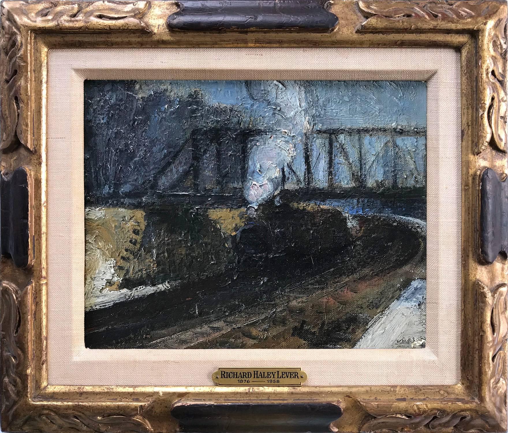« Mount Vernon N.Y. (Train on the Railroad)" Paysage impressionniste Huile sur panneau
