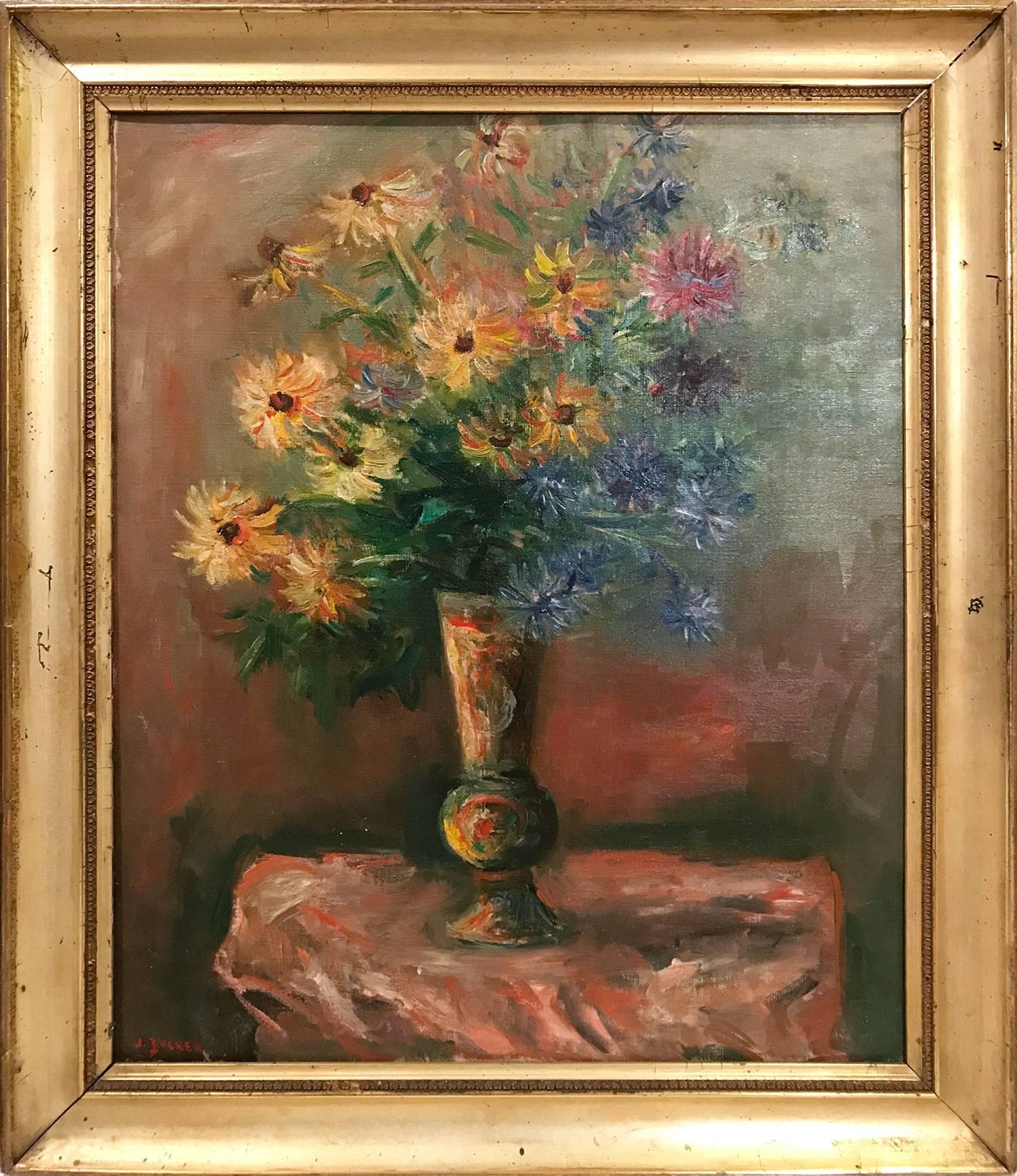 Jacques Zucker Still-Life Painting – „Gelbrosa und blauer Blumenstrauß“ Postimpressionismus Französisches Stillleben