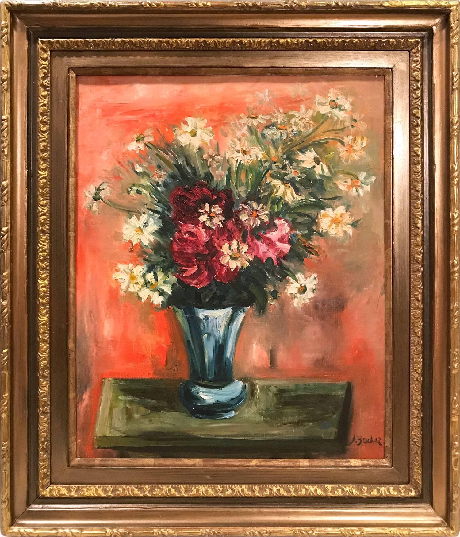 Jacques Zucker Still-Life Painting - Floral Arrangment with Orange Background