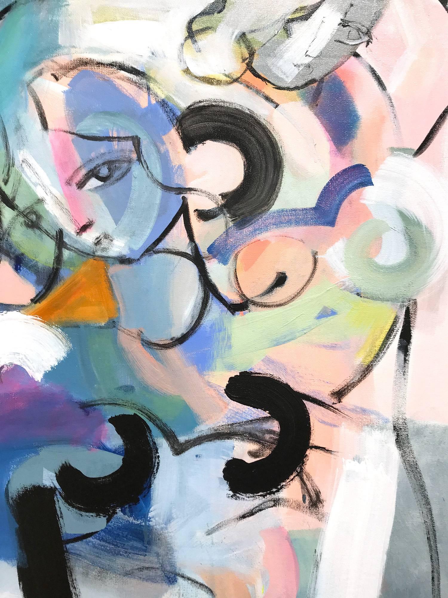 A modernist depiction of woman figures executed with strong use of line and texture. This piece is filled with movement and beautiful brushwork, the use of color placement is enchanting with a fascinating composition, exploring unique pallets with