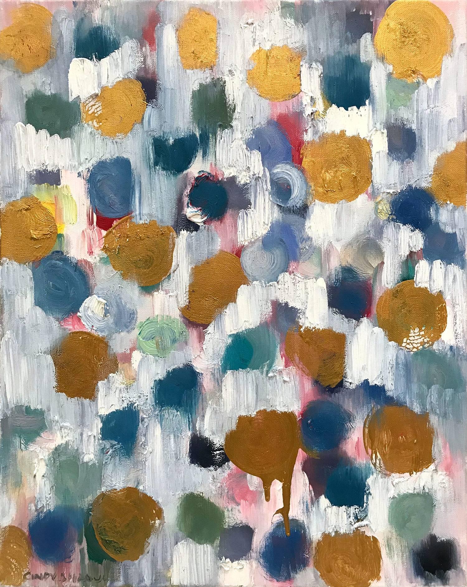 Cindy Shaoul Abstract Painting – Abstraktes Gemälde in Mischtechnik und Öl auf Leinwand, „Dripping Dots – Antikgold“