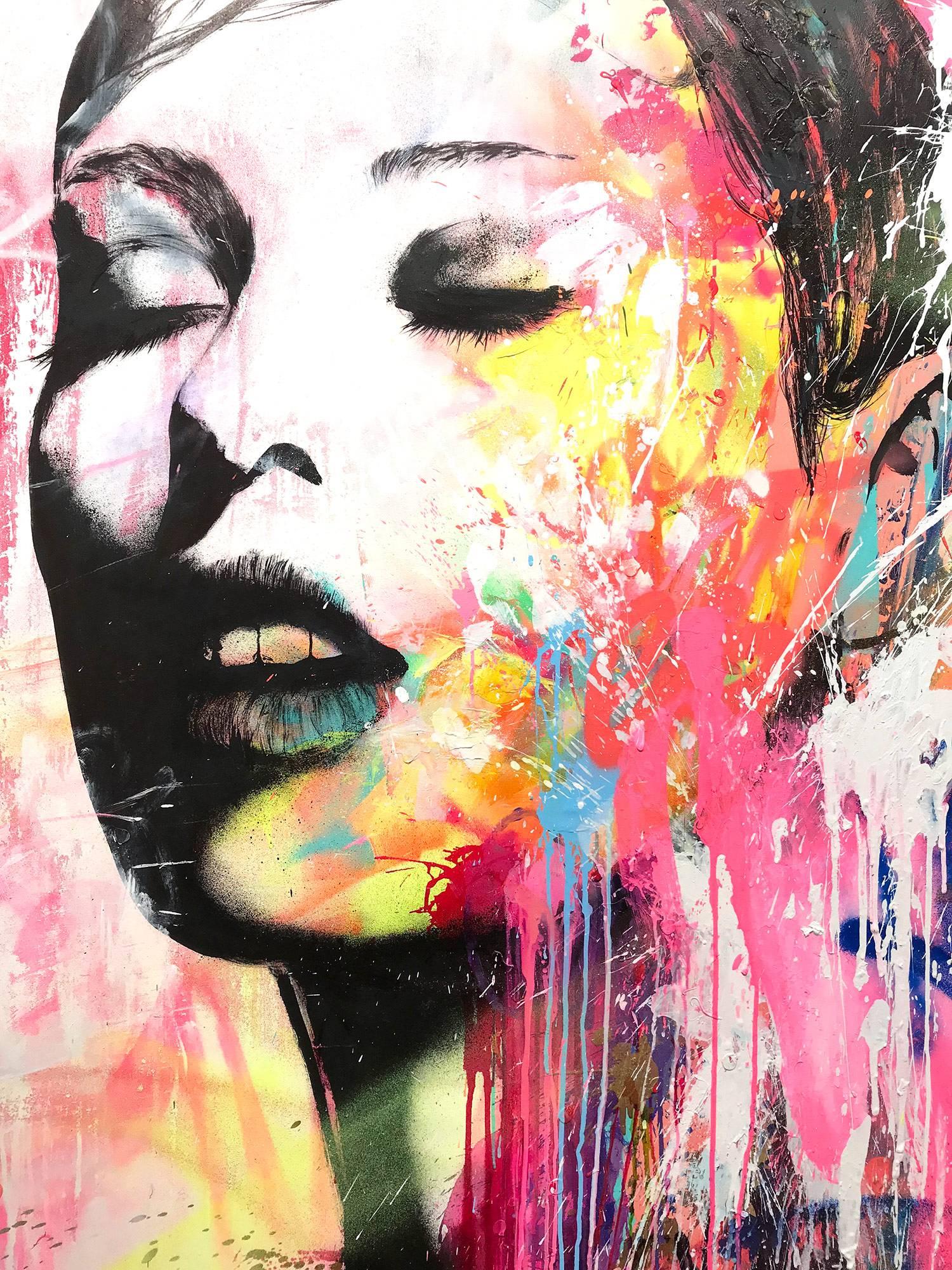 “Les Yeux Fermes, Souvent” Eyes Closed Often, Colorful, Abstract Street Art - Painting by J.M. Robert