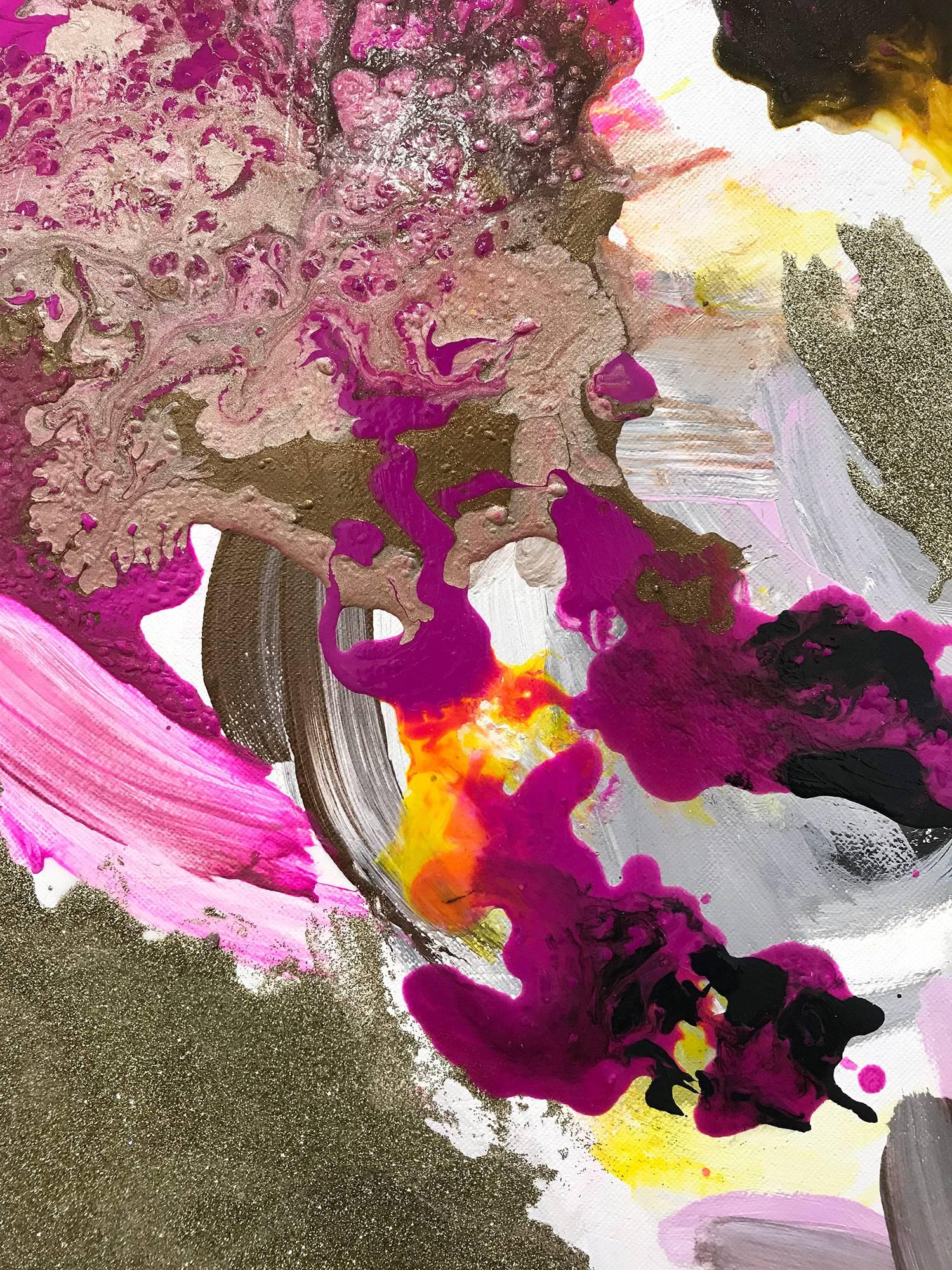 A wonderful circular mixed media on canvas painting. Executed with bold, bright colors and beautiful pops of metallic and gold. The First Time I Met You is part of a series of abstract fluid paintings made up of acrylic brush strokes combined with