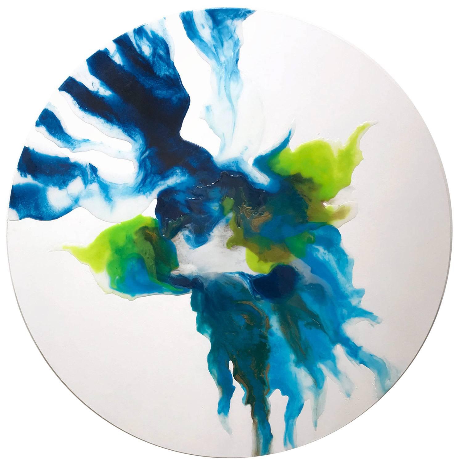 "Luana" Contemporary Colorful Fluid Mixed Media Painting on Circular Canvas