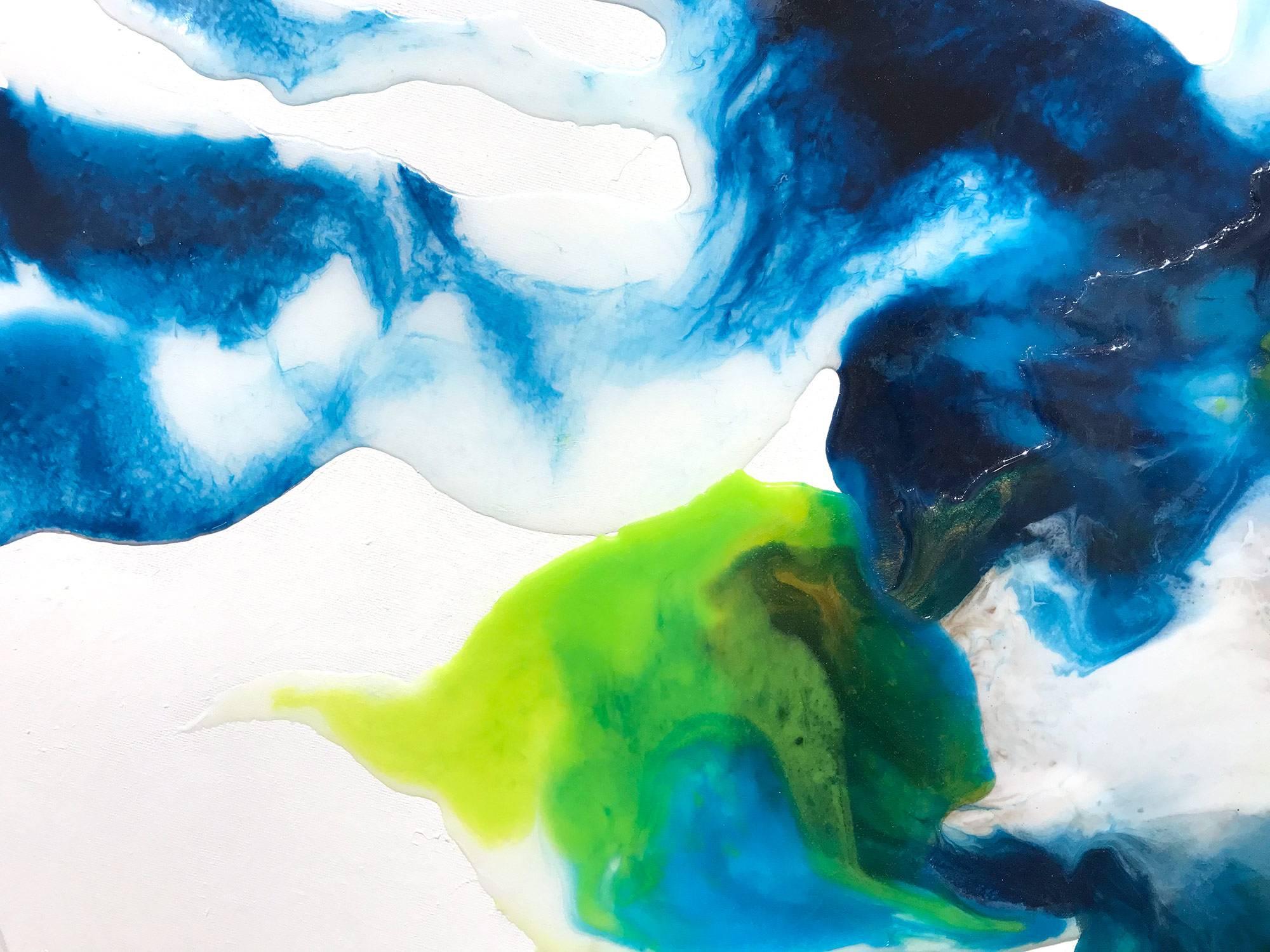 „Luana“ Zeitgenössisches farbenfrohes, fließendes Gemälde in Mischtechnik auf runder Leinwand – Painting von Corinne Natel