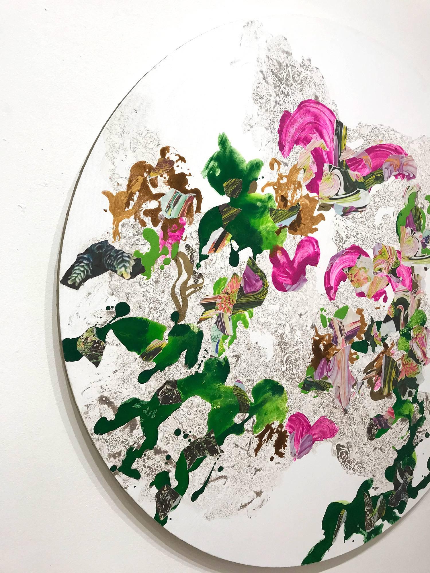 Zeitgenössisches farbenfrohes, fließendes Gemälde in Mischtechnik auf runder Leinwand „Paradise“ im Angebot 4