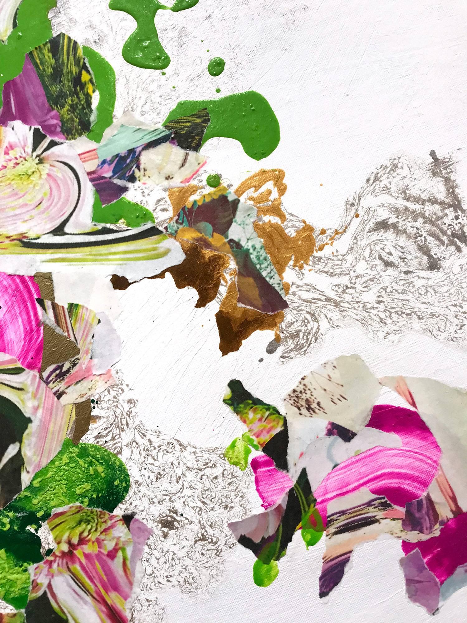Zeitgenössisches farbenfrohes, fließendes Gemälde in Mischtechnik auf runder Leinwand „Paradise“ (Grau), Abstract Painting, von Corinne Natel
