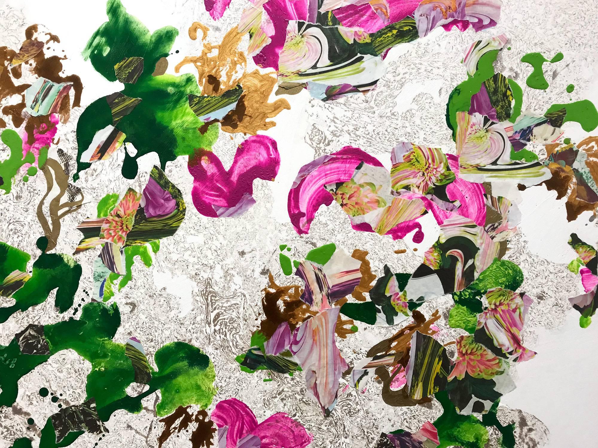 Zeitgenössisches farbenfrohes, fließendes Gemälde in Mischtechnik auf runder Leinwand „Paradise“ – Painting von Corinne Natel