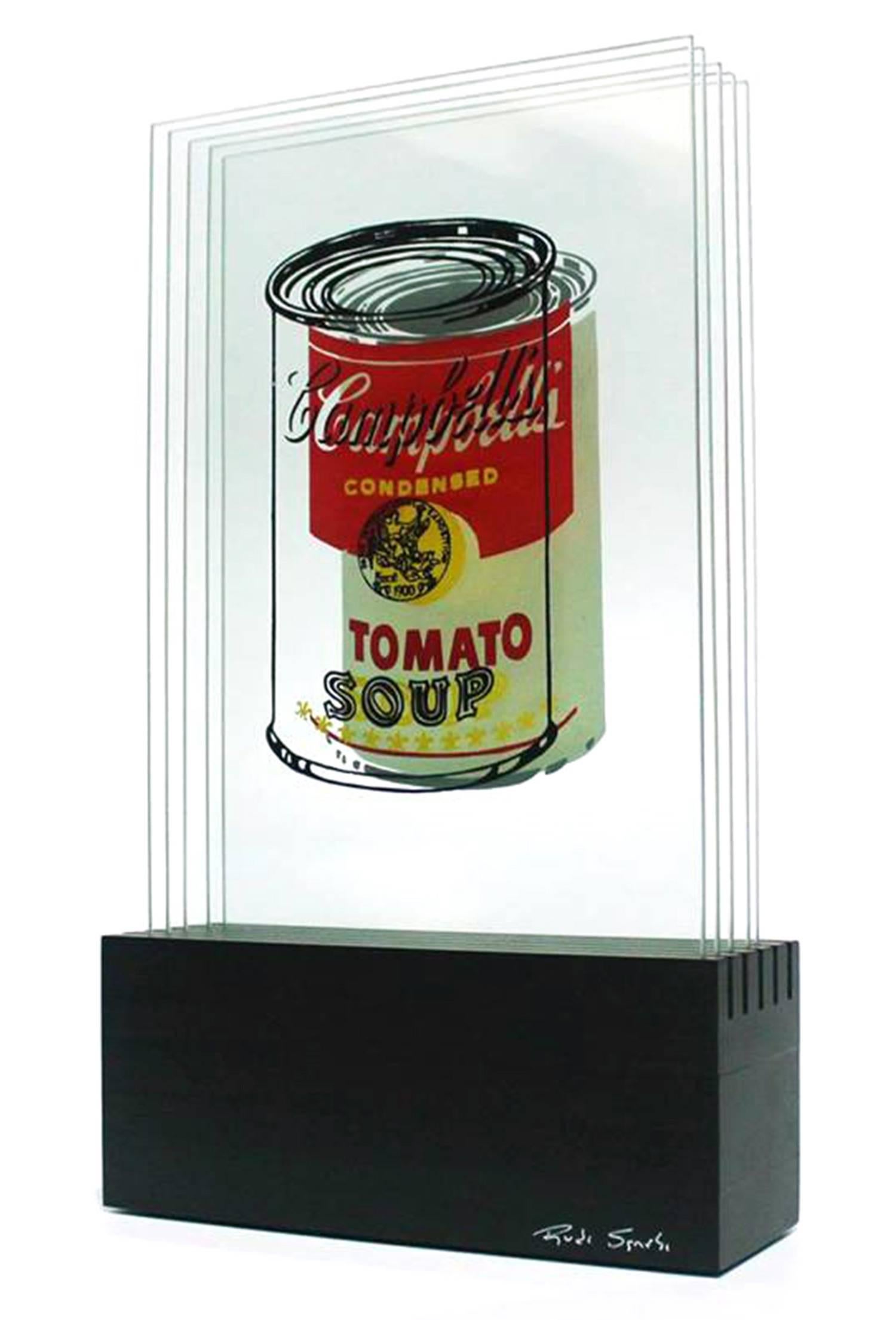 Rudi Sgarbi Abstract Sculpture - "Campbell's Tomato Soup" 3D Glass Sculpture After Andy Warhol Tomato Soup
