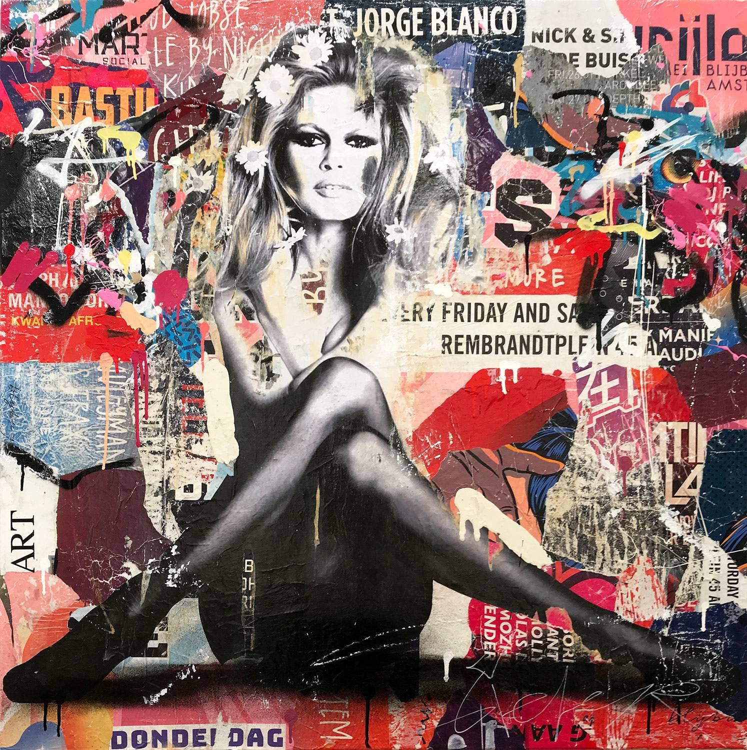 Gieler Abstract Painting - "Brigitte" Street Posters Décollage of Brigitte Bardot Portrait on Canvas