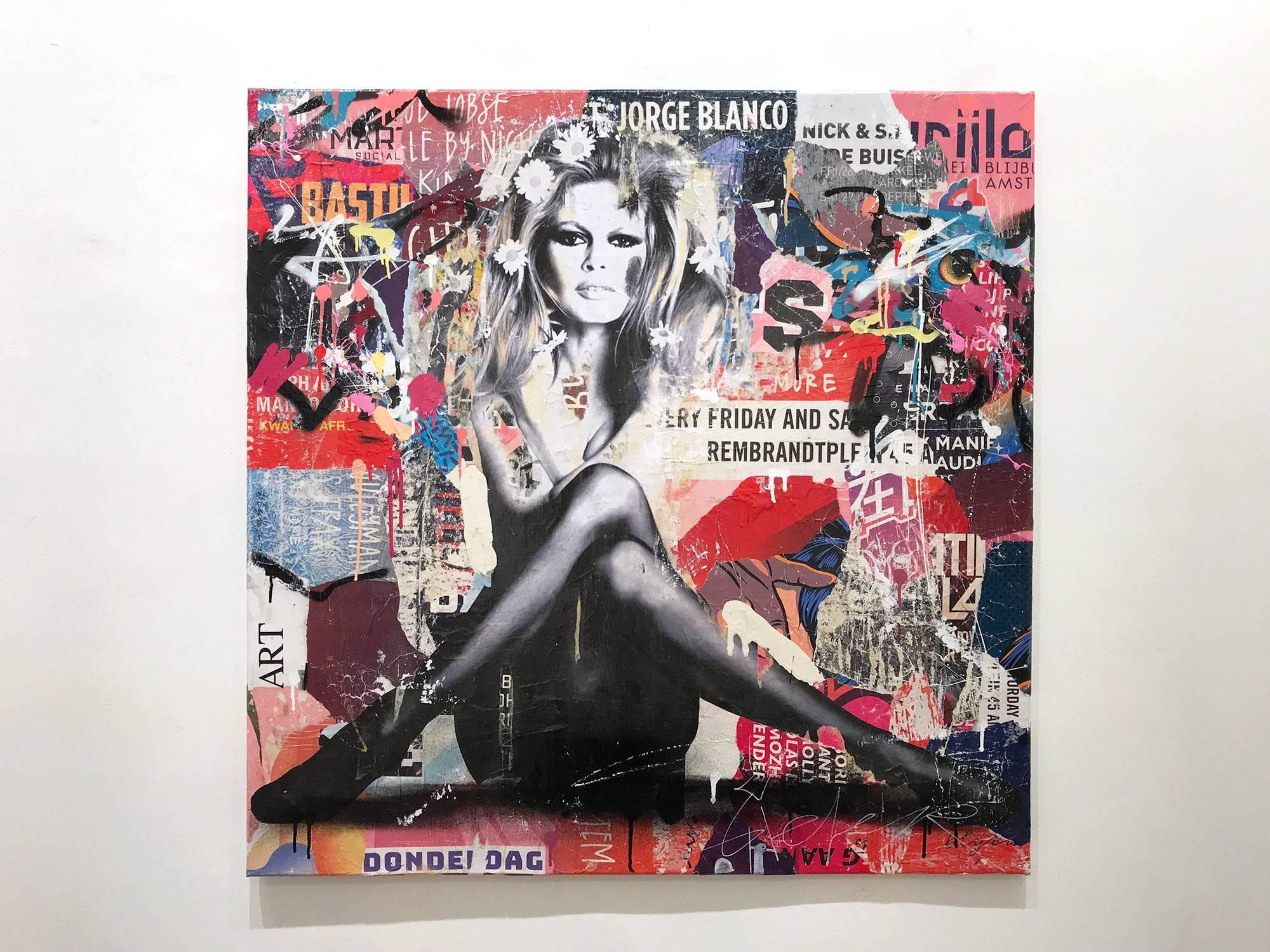 This piece depicts famous French actress and model Brigitte Bardot. Done with beautiful expressive colors and a distinctive street art design, this piece pops with energy and a romantic beauty. Its composition and bold Décollage makes a wonderful
