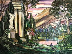 "Paesaggio romantico con vista sullo stagno" Pittura a olio in stile Louis Comfort Tiffany