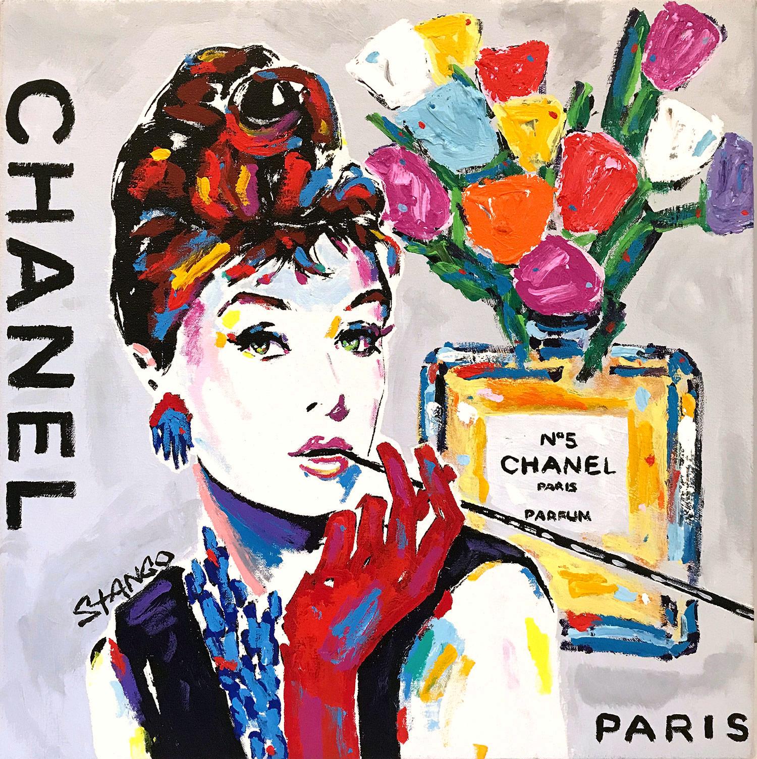 John Stango Abstract Painting - "A Little Silver" Audrey Hepburn & Chanel No5 Pop Art Acrylic Painting on Canvas
