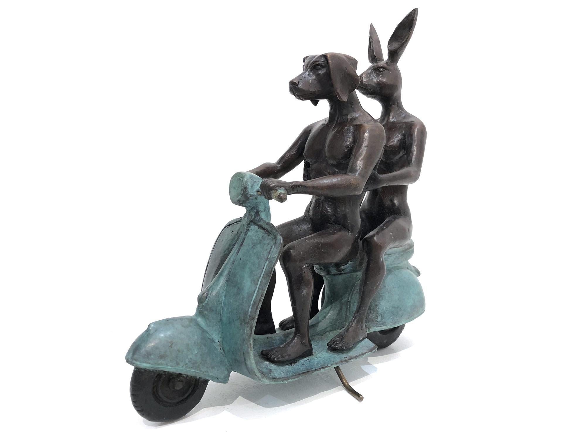 Gillie and Marc Schattner Abstract Sculpture - They were the Authentic Vespa Riders in Rome (Bronze with Green Patina)