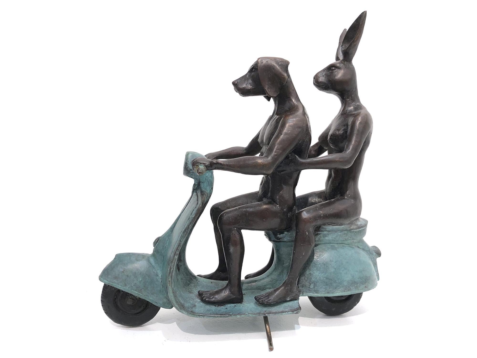 They were the Authentic Vespa Riders in Rome (Bronze with Green Patina) - Sculpture by Gillie and Marc Schattner