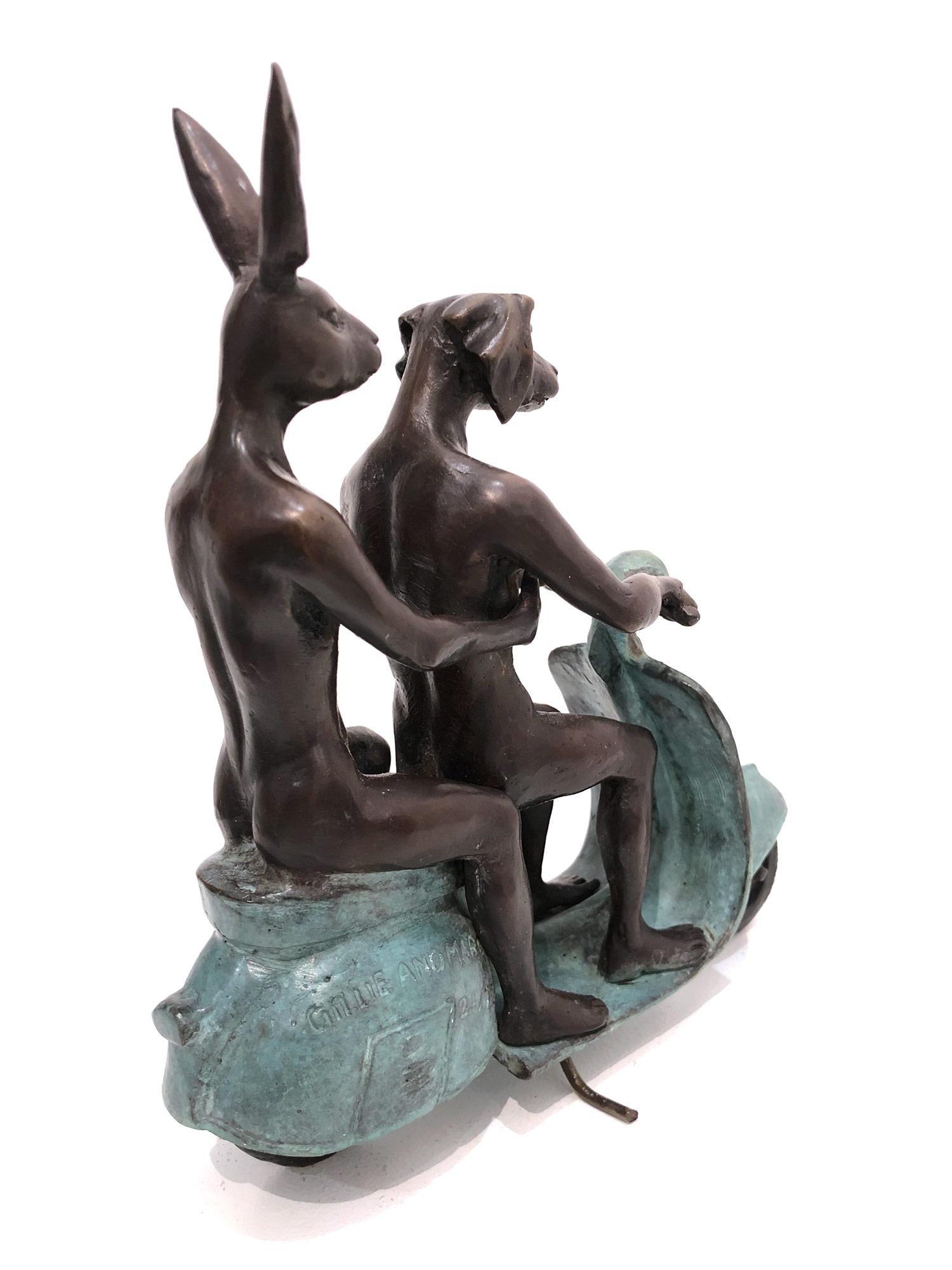 They were the Authentic Vespa Riders in Rome (Bronze with Green Patina) - Pop Art Sculpture by Gillie and Marc Schattner