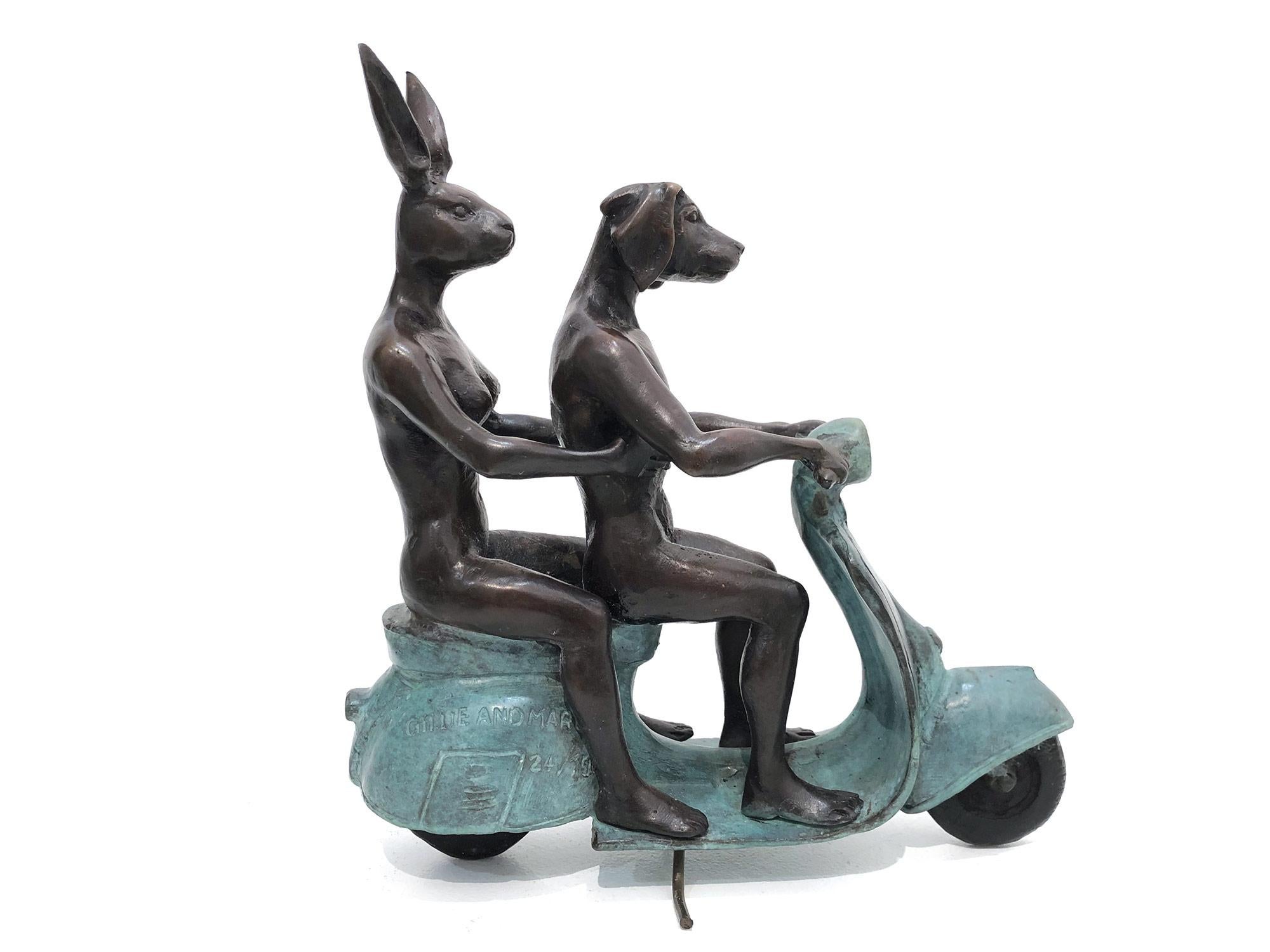 They were the Authentic Vespa Riders in Rome (Bronze with Green Patina) - Gold Abstract Sculpture by Gillie and Marc Schattner