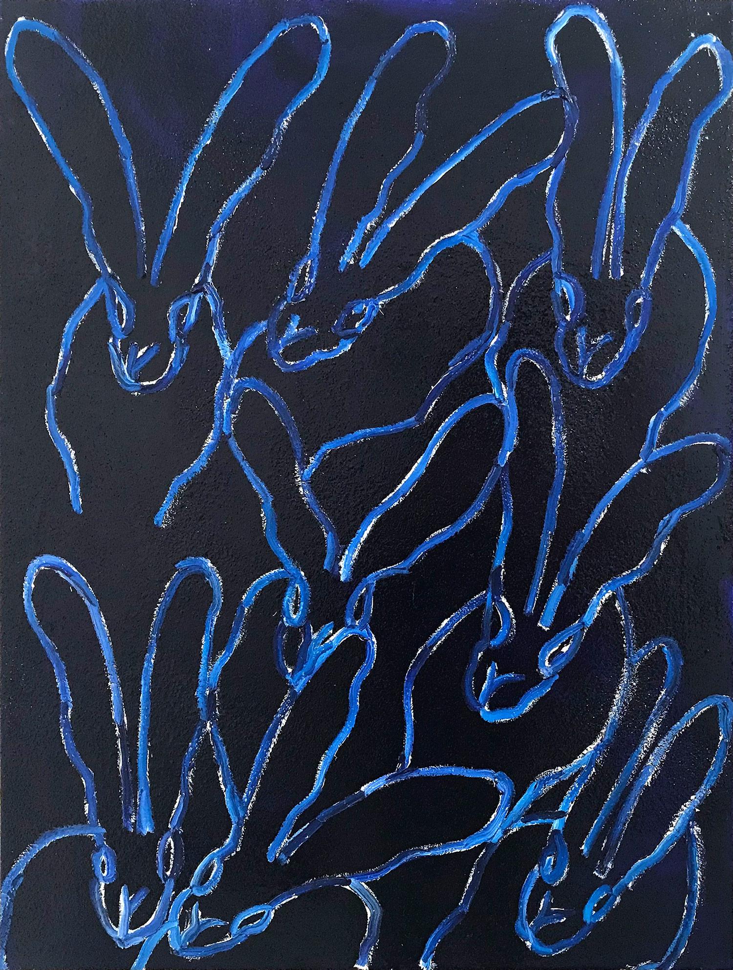 Hunt Slonem Animal Painting - "Maria" Ultramarine Blue Oil Painting with Diamond Dust Bunnies on Canvas