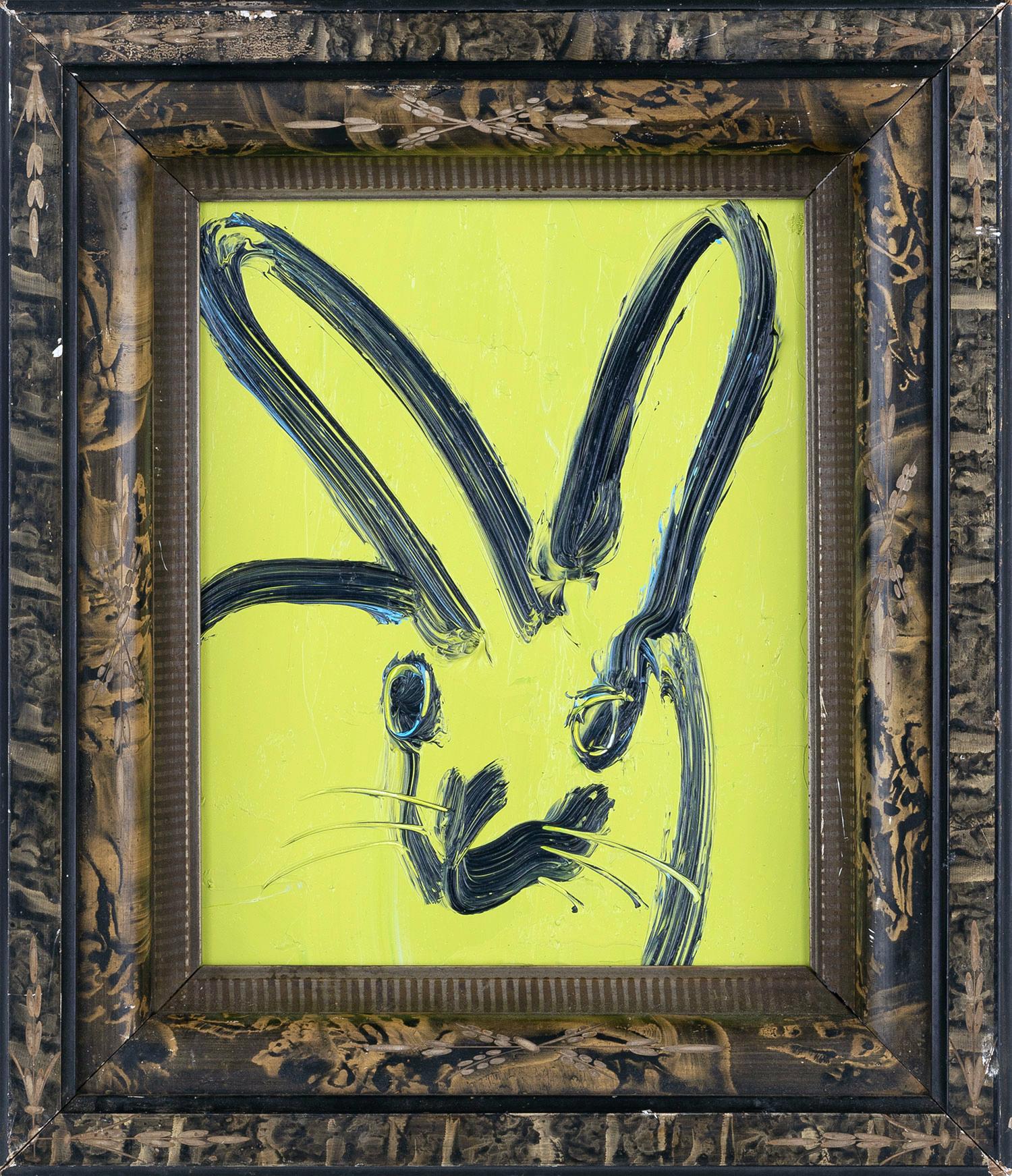 Hunt Slonem Animal Painting - "Whilie" (Bunny on YellowGreen Background) Oil Painting on Wood Panel