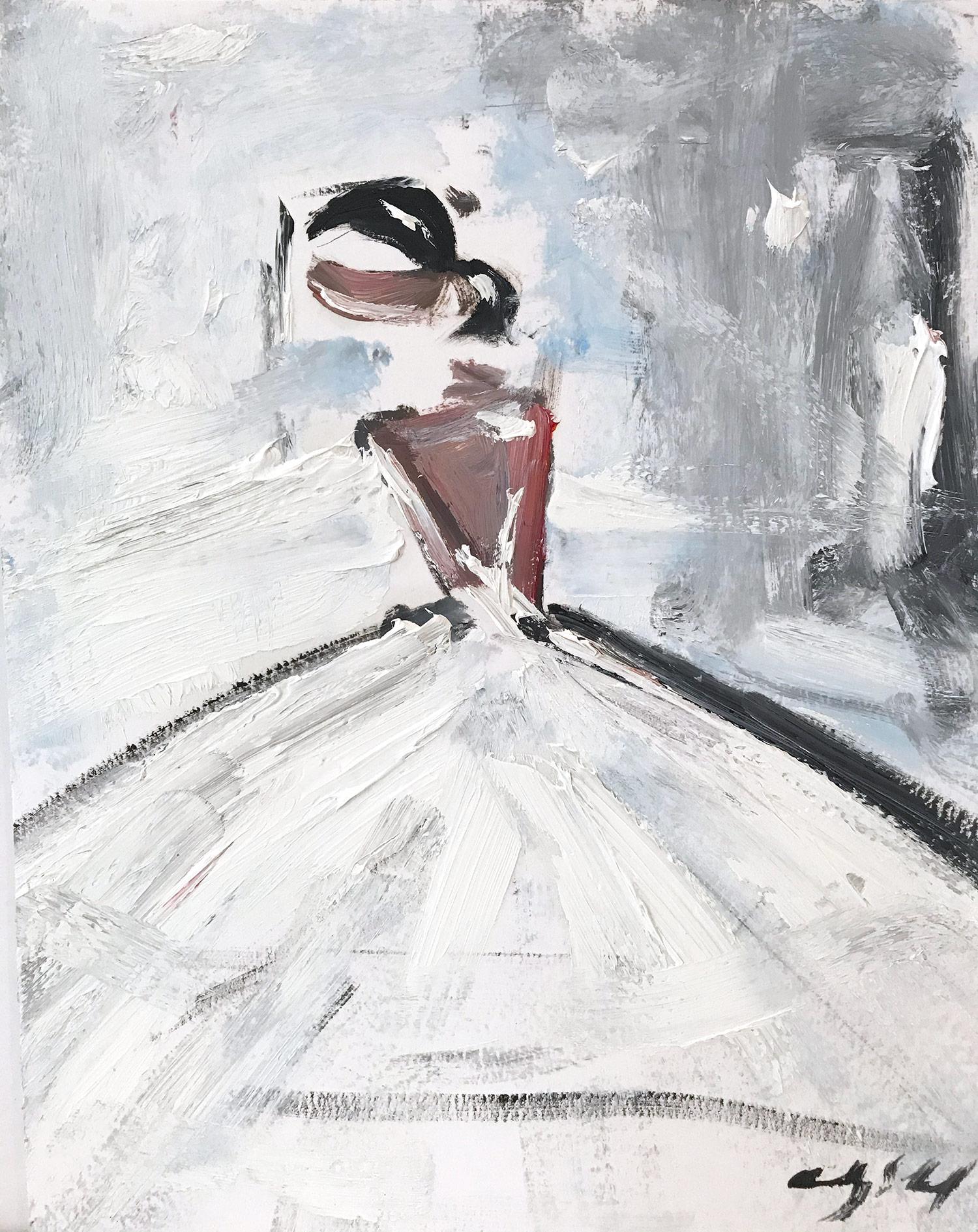 Abstract Painting Cindy Shaoul - Peinture à l'huile sur papier - Figure abstraite avec robe de haute couture française "Angela"