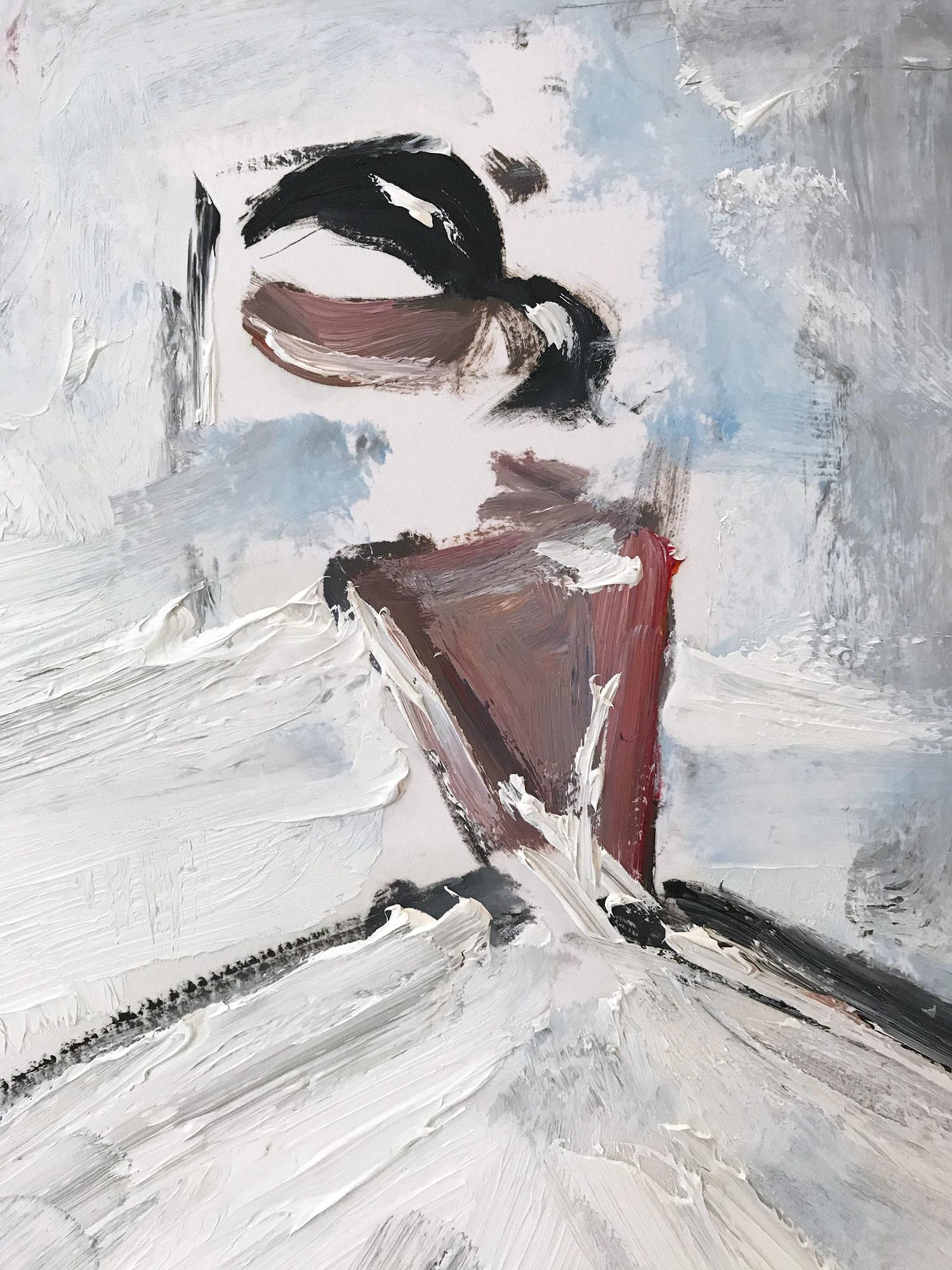 Peinture à l'huile sur papier - Figure abstraite avec robe de haute couture française 