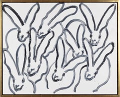 "Hip Hop" Black Outline Bunnies on White Background Oil Painting on Canvas