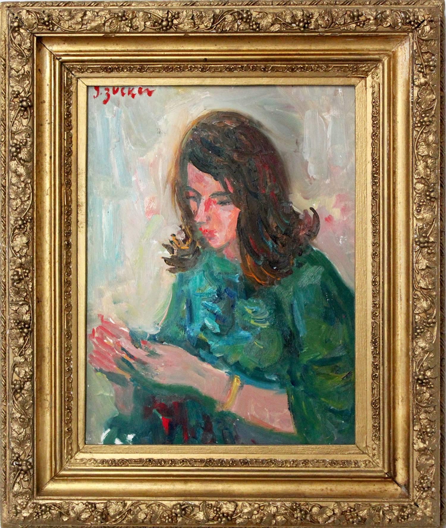 Jacques Zucker Portrait Painting - "Girl Sewing" Impressionist Portrait of a Seated Girl Oil Painting on Board