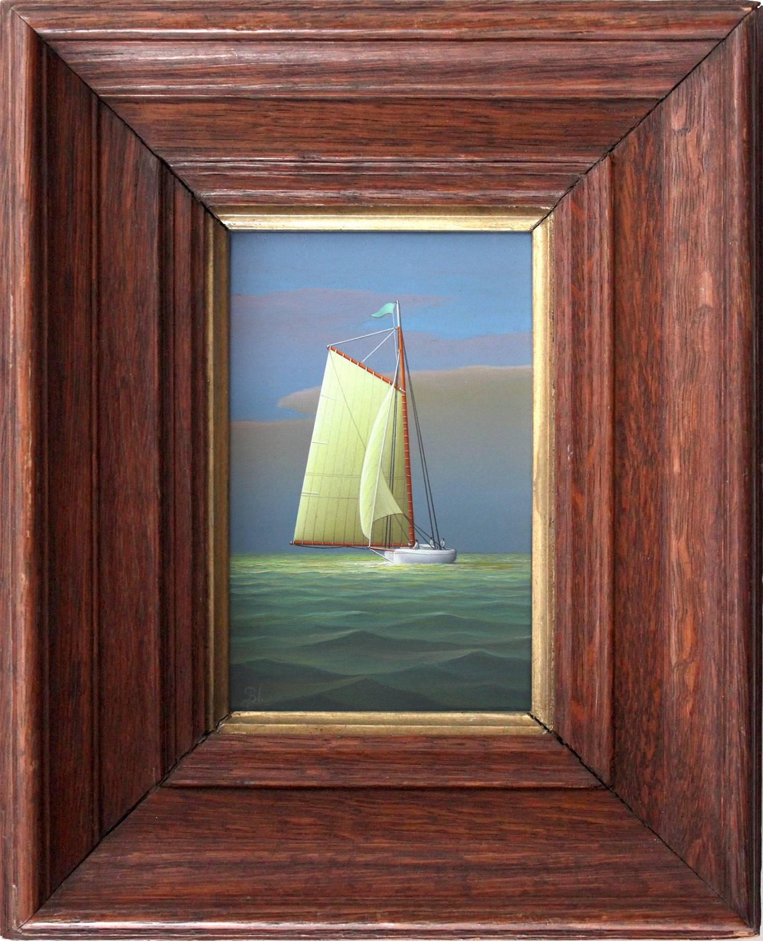 George Nemethy Figurative Painting - "Sailing in the Afternoon" Realist Oil Painting on Board of Sailboat in Open Sea