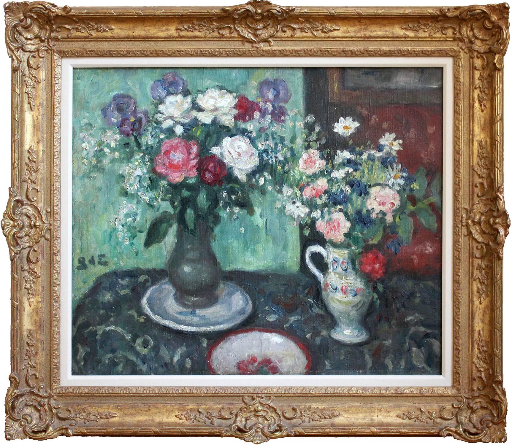 Georges D'Espagnat Still-Life Painting - "Vases Des Fleurs" 20th Century Impressionistic Oil Painting on Canvas