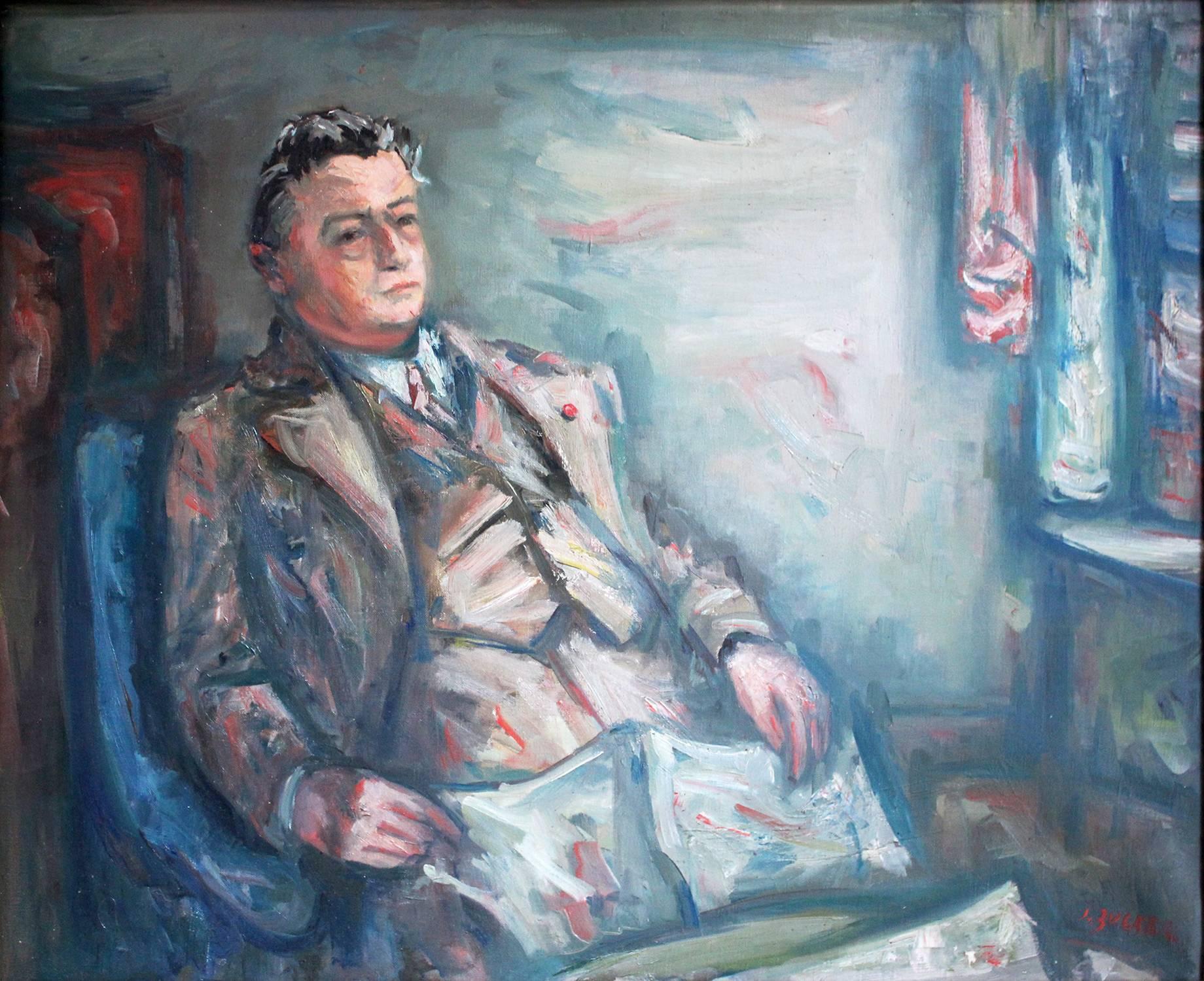 Portrait of Pensive Man, Impressionistic Oil Painting - Gray Interior Painting by Jacques Zucker