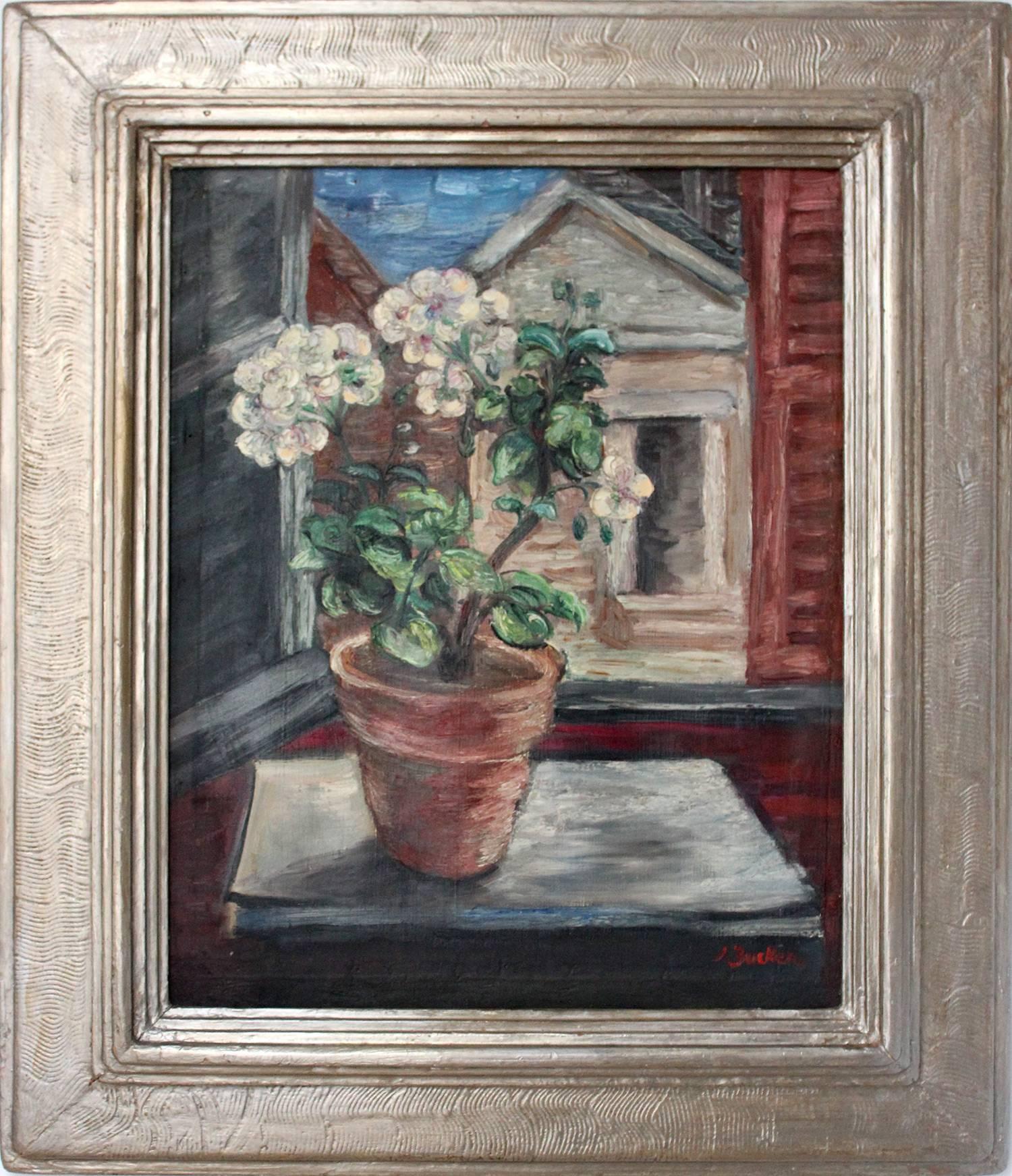 "Flower Pot by the Window" 20th Century Impressionistic Oil Painting on Canvas