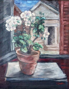 "Flower Pot by the Window" 20th Century Impressionistic Oil Painting on Canvas
