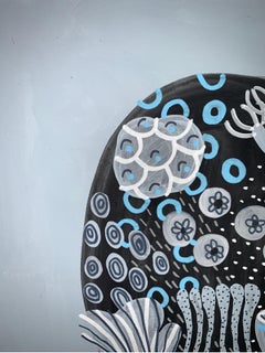 Small Washy Decorator - Blue and Silver, Abstract Figurative Painting on Paper