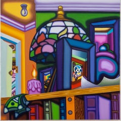 RUBYES TIFFANY - Peinture à l'huile sur toile néo- Proto cubiste représentant un intérieur de garde