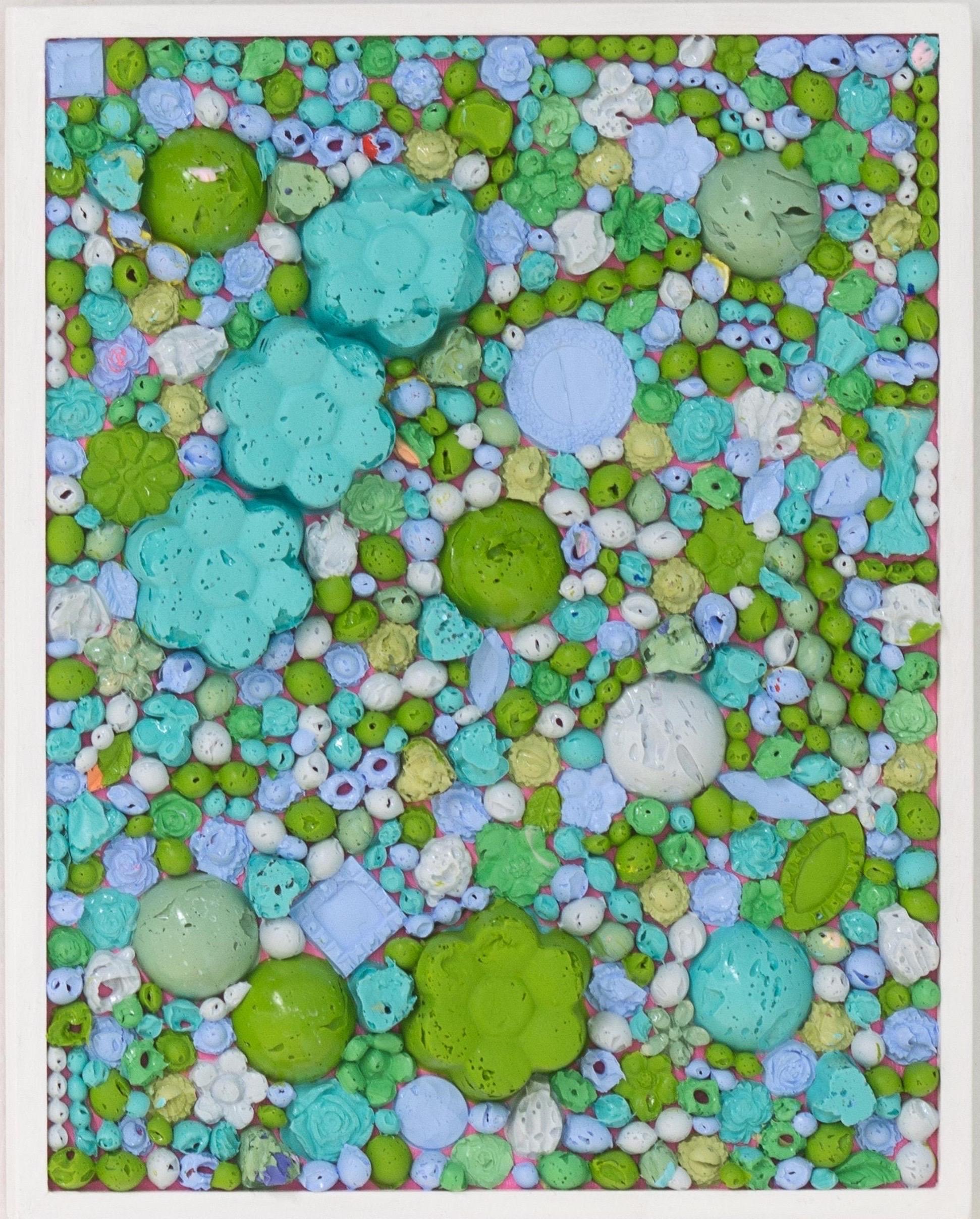 Natalie Harrison Abstract Sculpture - BLUE & GREEN TAPESTRY II - Framed, Sculptural Acrylic Painting on Wood Panel