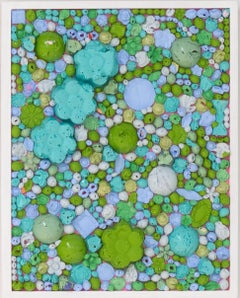 BLUE & GREEN TAPESTRY II - Framed, Sculptural Acrylic Painting on Wood Panel