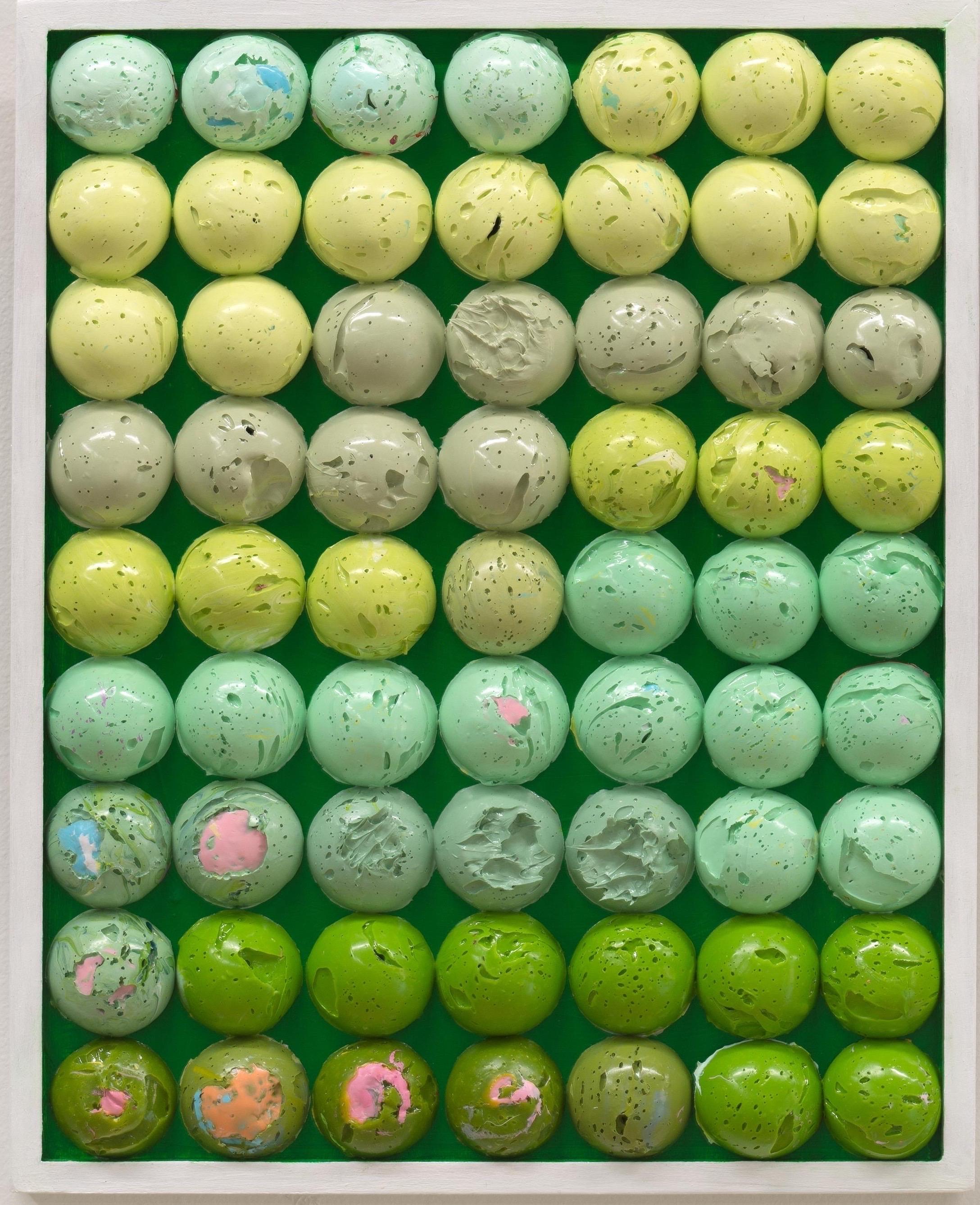 Abstract Sculpture di Natalie Harrison - GREEN CIRCLE QUILT II - Pittura acrilica con cornice e texture modellata