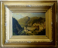 Late 19th C. Alpine Village View Oil Painting, Hubert Sattler 1881