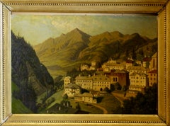 Late 19th C. Alpine Village View Oil Painting, Hubert Sattler 1881