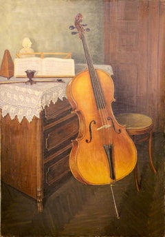 Cello and Sheet Music Still Life, Signed D. Holbein, 1910, Oil on Canvas