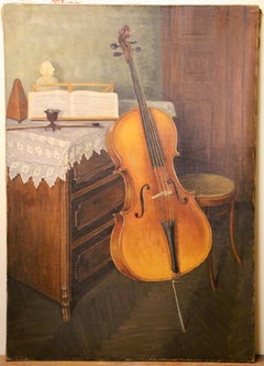 Cello and Sheet Music Still Life, Signed D. Holbein, 1910, Oil on Canvas