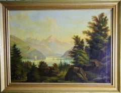 19th-Century Romantic Alpine Lake Landscape with Sailboats, Oil on Canvas