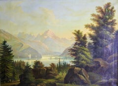 19th-Century Romantic Alpine Lake Landscape with Sailboats, Oil on Canvas