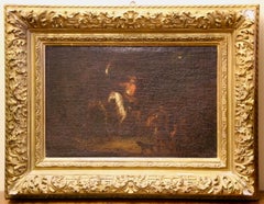 Horseman and Figures by Torchlight, Antique Oil Painting on Canvas