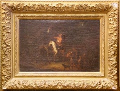 Horseman and Figures by Torchlight, Antique Oil Painting on Canvas