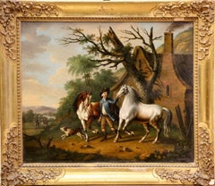 19th Century Equestrian Scene with Groom & Horses Oil Painting