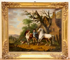 19th Century Equestrian Scene with Groom & Horses Oil Painting