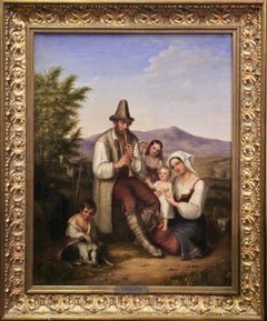 Italian Shepherd Family with Musician, Romantic Oil Painting, Dated 1837