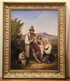 Italian Shepherd Family with Musician, Romantic Oil Painting, Dated 1837
